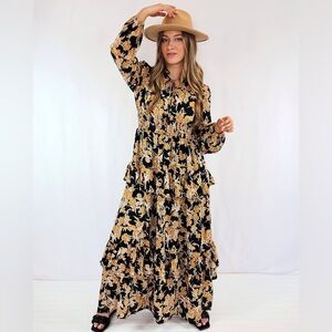 Pinch Black and Gold Floral Long Sleeve Dress